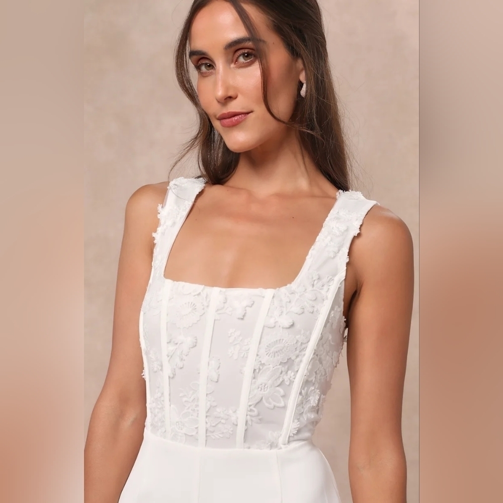 Lulus Truly Profound White Mesh 3D Floral Embroidered Bustier Jumpsuit M Wedding - Picture 3 of 10